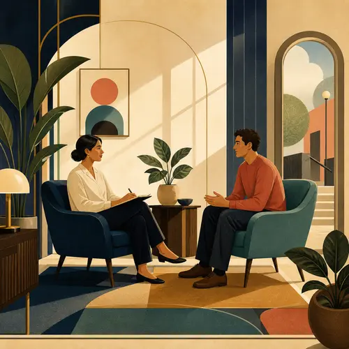 Ilustración de un terapeuta y un cliente en una sala de terapia privada y tranquila