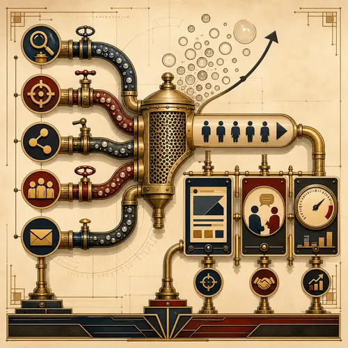 An Art Deco acquisition filter separating raw traffic from qualified buyers and measurable next steps