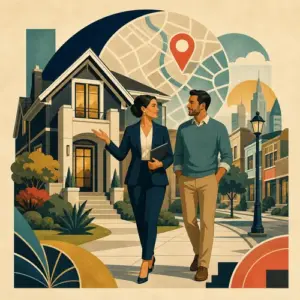 Illustration of a realtor showing a buyer a neighborhood home beside a local map