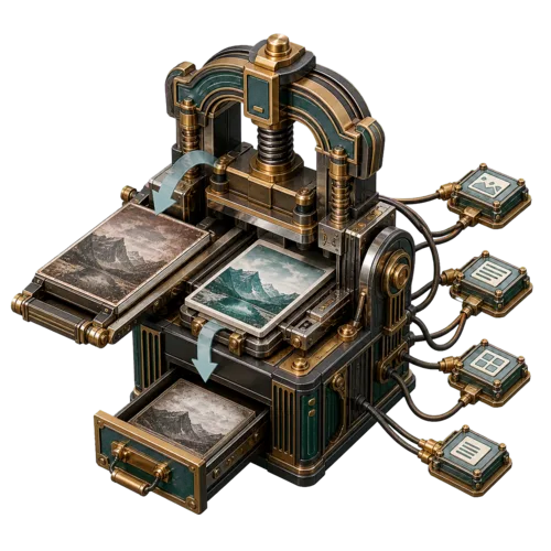 Devenia Replace Media as an Art Deco industrial press replacing a file inside the same WordPress attachment frame