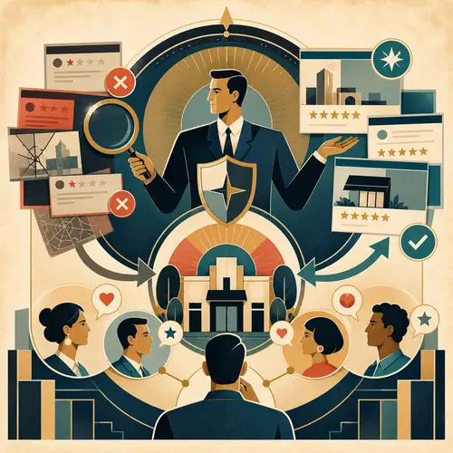 Illustration of monitoring search results and customer voices to build a fair current trustworthy business picture