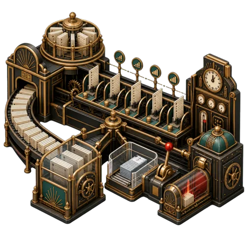 Art Deco industrial Devenia Revision Retention machine preserving recent document revisions and spaced older anchors while a shared decision gate feeds a dry-run tray and a separately locked bounded deletion chamber.