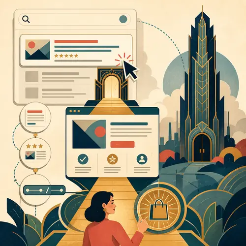 Illustration of a search result leading through a click to a useful landing page and customer action