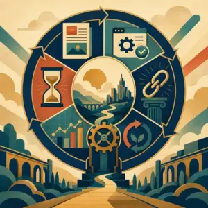 Illustration of content, technical health, authority, time, measurement, and adaptation feeding a compounding SEO flywheel