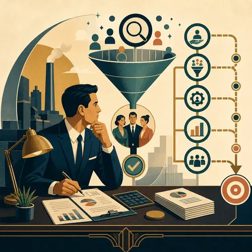 Illustration of an SEO investment business case with a search funnel, measurement checkpoints, and a decision path
