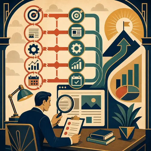 Illustration of auditing five SEO mistakes across targets, content, technical health, metrics, and review timing