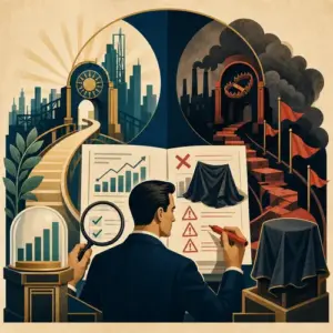 Illustration of inspecting an SEO pitch for measurable work, secrecy, shortcuts, and red flags