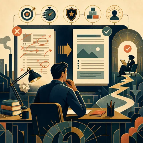 Illustration of a writer revising a marked-up SEO draft into a clearer page