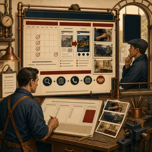 An Art Deco planning board showing scheduled website updates, refreshed proof, a clear contact path, and outside review
