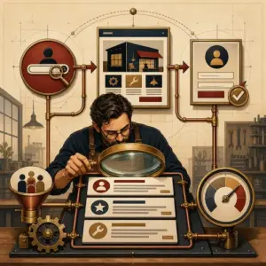 An Art Deco search path connecting customer intent, relevant website pages, and measurable business leads