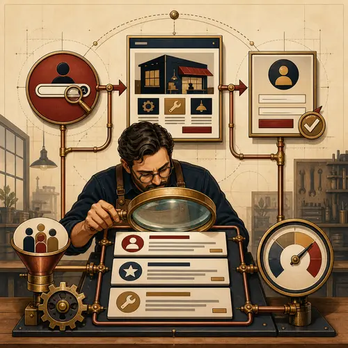 An Art Deco search path connecting customer intent, relevant website pages, and measurable business leads
