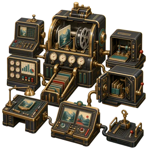 Art Deco industrial Devenia Speed Optimization machine scanning image and video media, sorting priority candidates, recording reports, planning repair, safeguarding backups, comparing redo versions, and separating an administrator-started service dock.