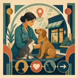 Illustration of a veterinarian examining a dog and cat beside a local veterinary clinic