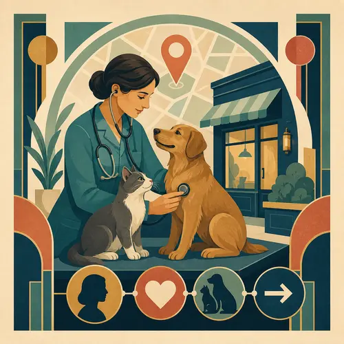 Illustration eines Tierarztes bei der Untersuchung von Hund und Katze neben einer örtlichen Tierklinik