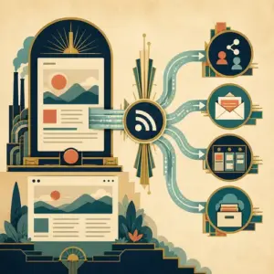 Illustration of a published page feeding social, newsletter, task, and backup actions