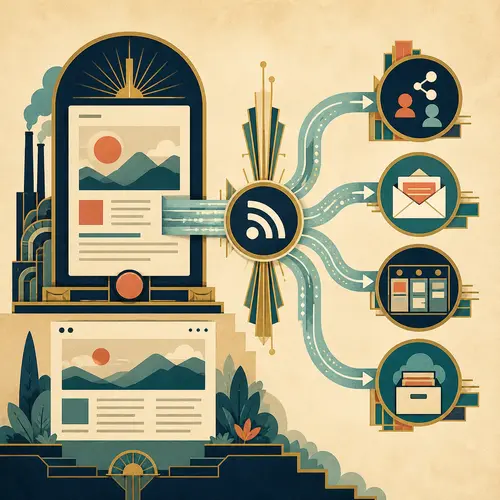 Illustration of a published page feeding social, newsletter, task, and backup actions