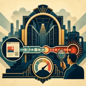 Illustration of a WordPress page request meeting a hosting bottleneck and response-time check