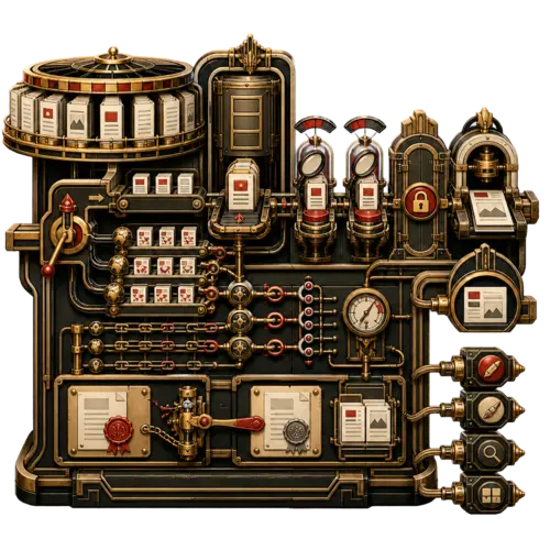 Art Deco industrial Devenia Workflow machine moving a source inventory through one proposal capsule, two separate review chambers, an approval gate, publication press, and public verification viewer, with multilingual route rails, a remaining-work gauge, immutable evidence plates, and detachable integration couplers.