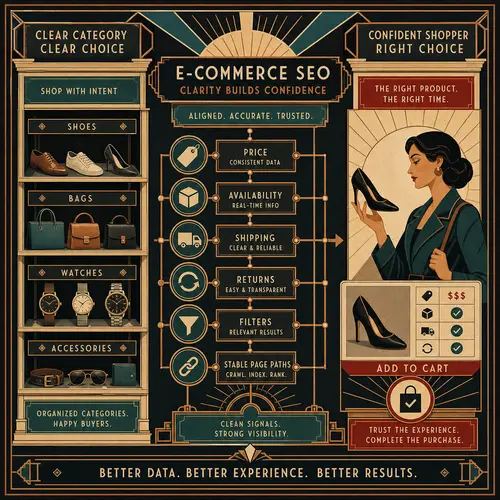 Illustration of category pages and product facts aligned to help a shopper make a trusted purchase