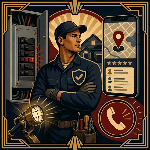 Art-déco-Illustration eines Elektrikers, der neben lokaler Suche, Bewertungen, Qualifikationen und einem Telefon einen ausgelösten Schaltschrank prüft