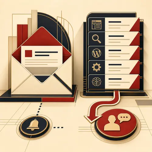 Art Deco illustration of an envelope, practical website topic cards, and a clear route to direct help