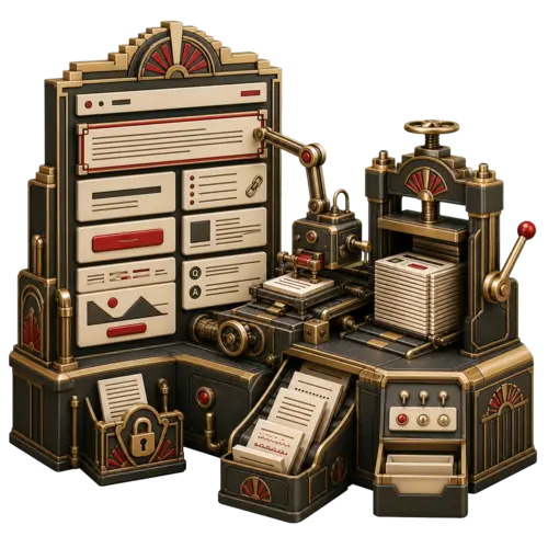 Art Deco industrial Frontend Text Edit machine selecting visible page text, editing one text plate, saving it into a Gutenberg block press, rejecting a stale plate at a conflict lock, and reporting unsupported text to the local WordPress administrator.