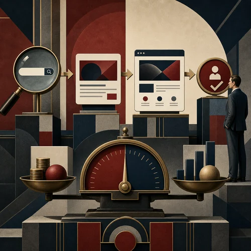 Art Deco illustration of search intent leading through an advert and landing page to a measured qualified result and cost value balance