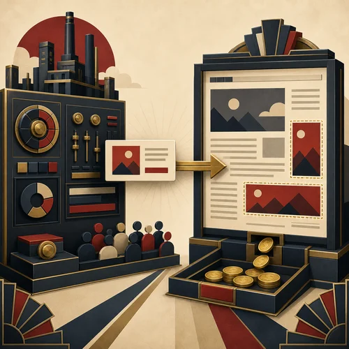 Art Deco illustration of an advertiser sending a message to an audience while a publisher site shows ad placements and revenue
