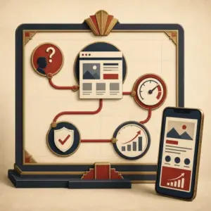 Art Deco illustration of a customer journey from a website question to a useful, fast, trustworthy page and measurable improvement