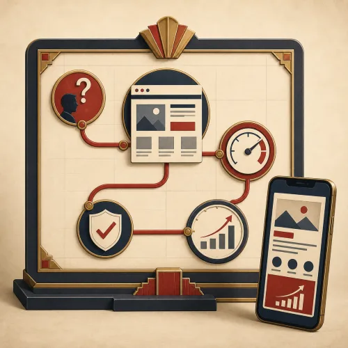 Art Deco illustration of a website planning board linking a visitor question to a clear page, mobile speed, trust, and measured improvement.