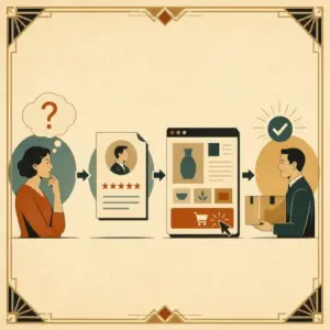 Art Deco illustration of a customer problem moving through proof, a clear website action, and a completed order.