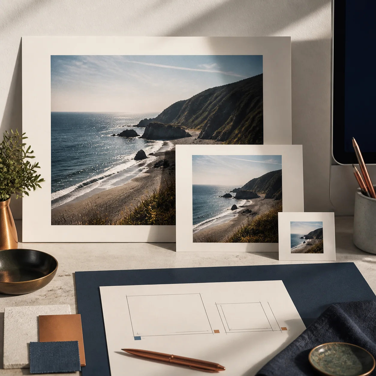 Editorial still life showing one coastal image prepared at large, medium, and small responsive sizes