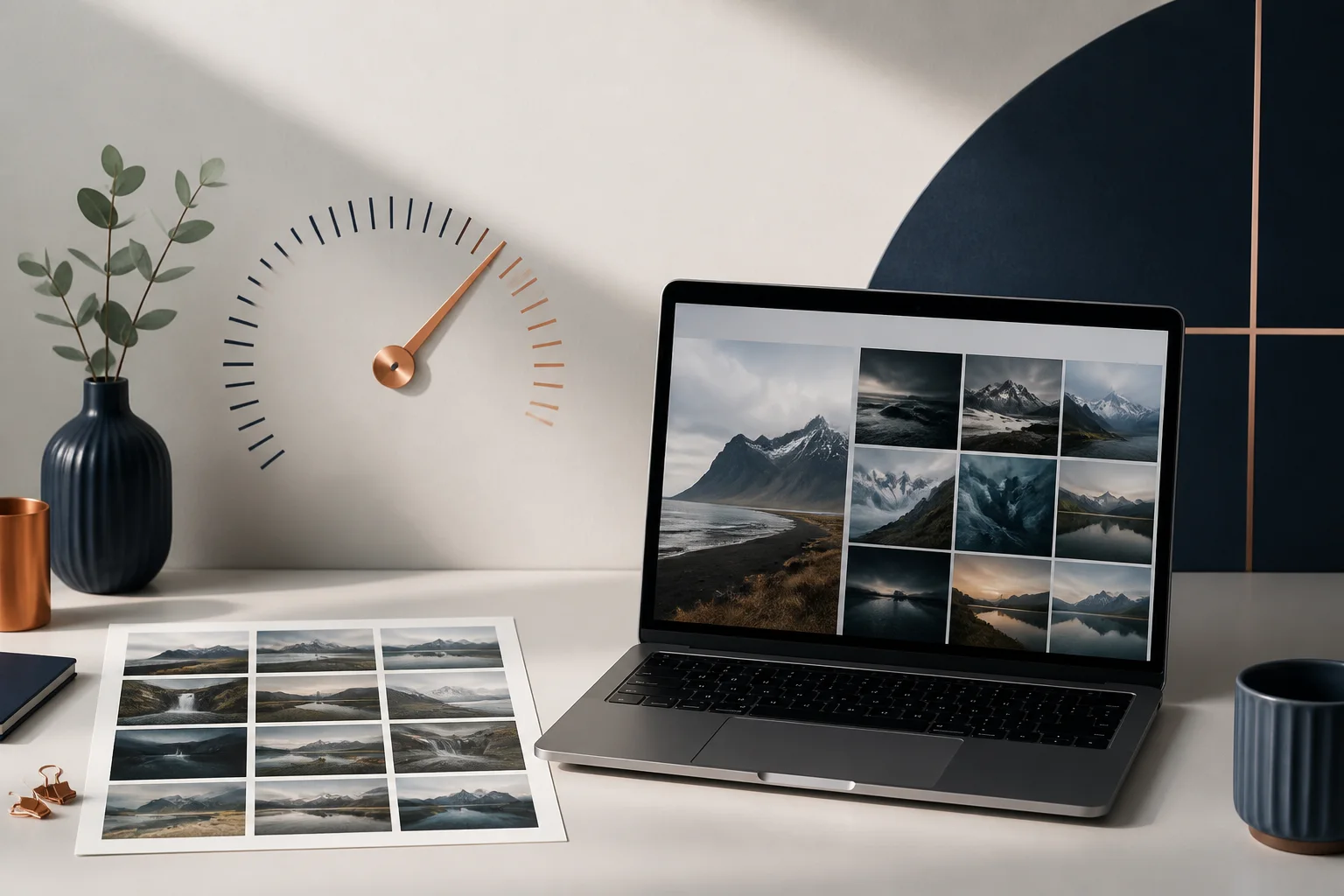 Editorial still life showing a responsive image workflow with a photo grid, contact sheet, and speed gauge