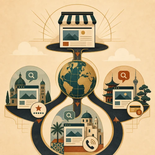Art Deco illustration of one offer adapting to different markets through local search and local trust proof.