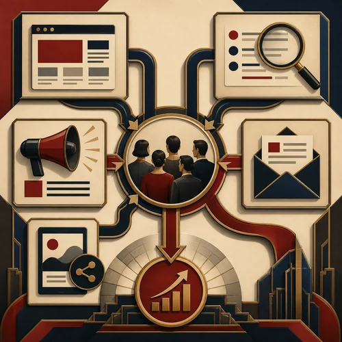 Art Deco illustration of content, search, advertising, email, and social channels converging on an audience and measurable outcome
