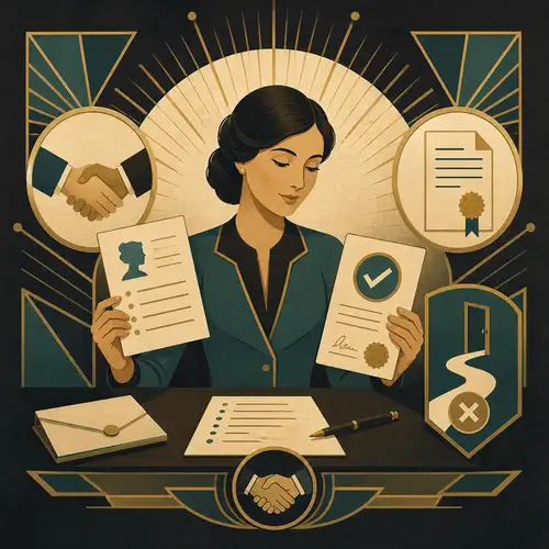 Art Deco illustration of clear consent, written documentation, and a fair correction path.