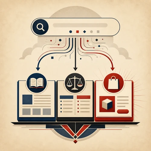 Art Deco illustration of a search query branching into learning, comparison, and action outcomes