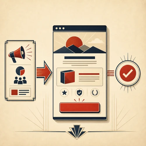 Art Deco illustration of a traffic source flowing into one focused landing page and one clear outcome