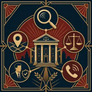 Art Deco illustration of a courthouse linked to search, local map, legal scales, a trusted lawyer profile, and a phone