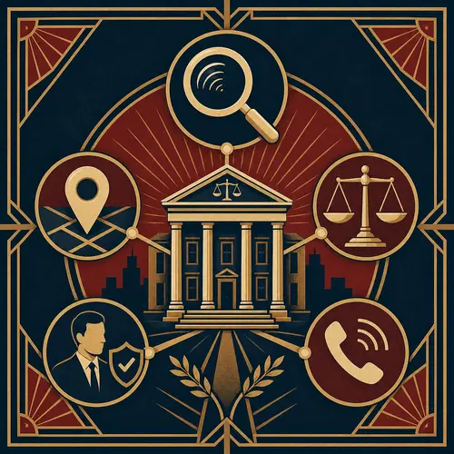 Art-déco-Illustration eines Gerichtsgebäudes mit Suche, lokaler Karte, Justizwaage, vertrauenswürdigem Anwaltsprofil und Telefon