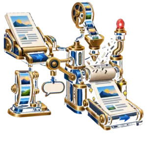 Art Deco publishing machine routing a WordPress post to a first comment, image fallback, and cleaned social copy