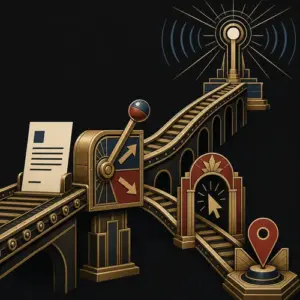 Art Deco publishing rail choosing between LinkedIn reach and a direct click path