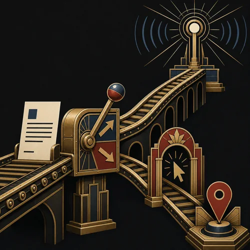 Art Deco publishing rail choosing between LinkedIn reach and a direct click path
