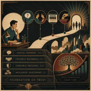 Illustration of useful answers, referrals, a credible website, and measured investment building trust and qualified enquiries