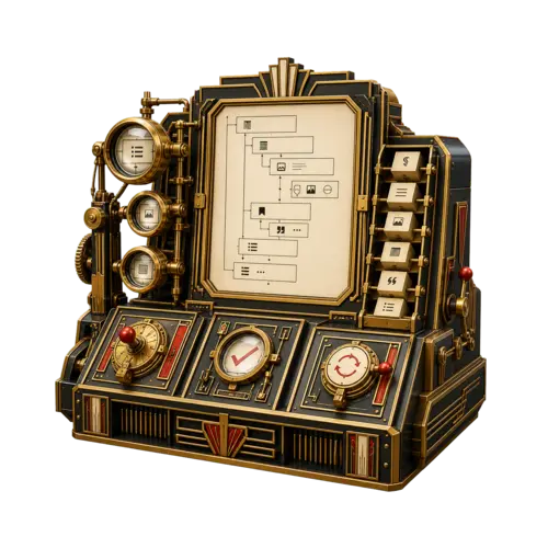 Art Deco machine representing MCP Abilities - Block Editor inspecting and validating a structured Gutenberg block document