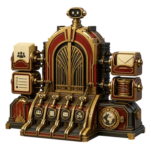 Art Deco mechanical gateway representing authenticated WordPress operations for Brevo audiences, delivery, forms, webhooks, and WonderPush localization.