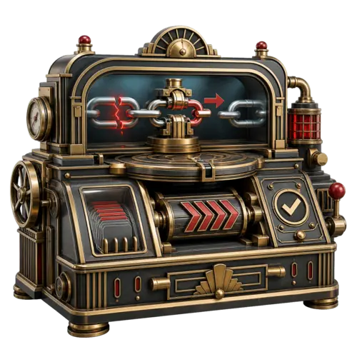 Art Deco machine inspecting and repairing broken links with a redirect mechanism and completed check indicator.