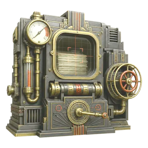 Art Deco industrial cache chamber with an inspection gauge, page window, refresh mechanism, and guarded purge wheel