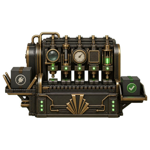 Art Deco industrial machine checking a plugin package through five quality stations before release