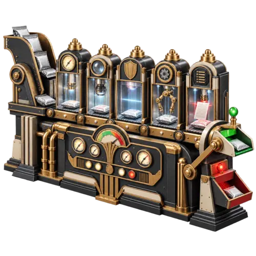 Art-déco-Industrieprüfmaschine mit fünf Prüfstationen und einer Veröffentlichungsanzeige, die MCP Abilities - Check Runner darstellt.